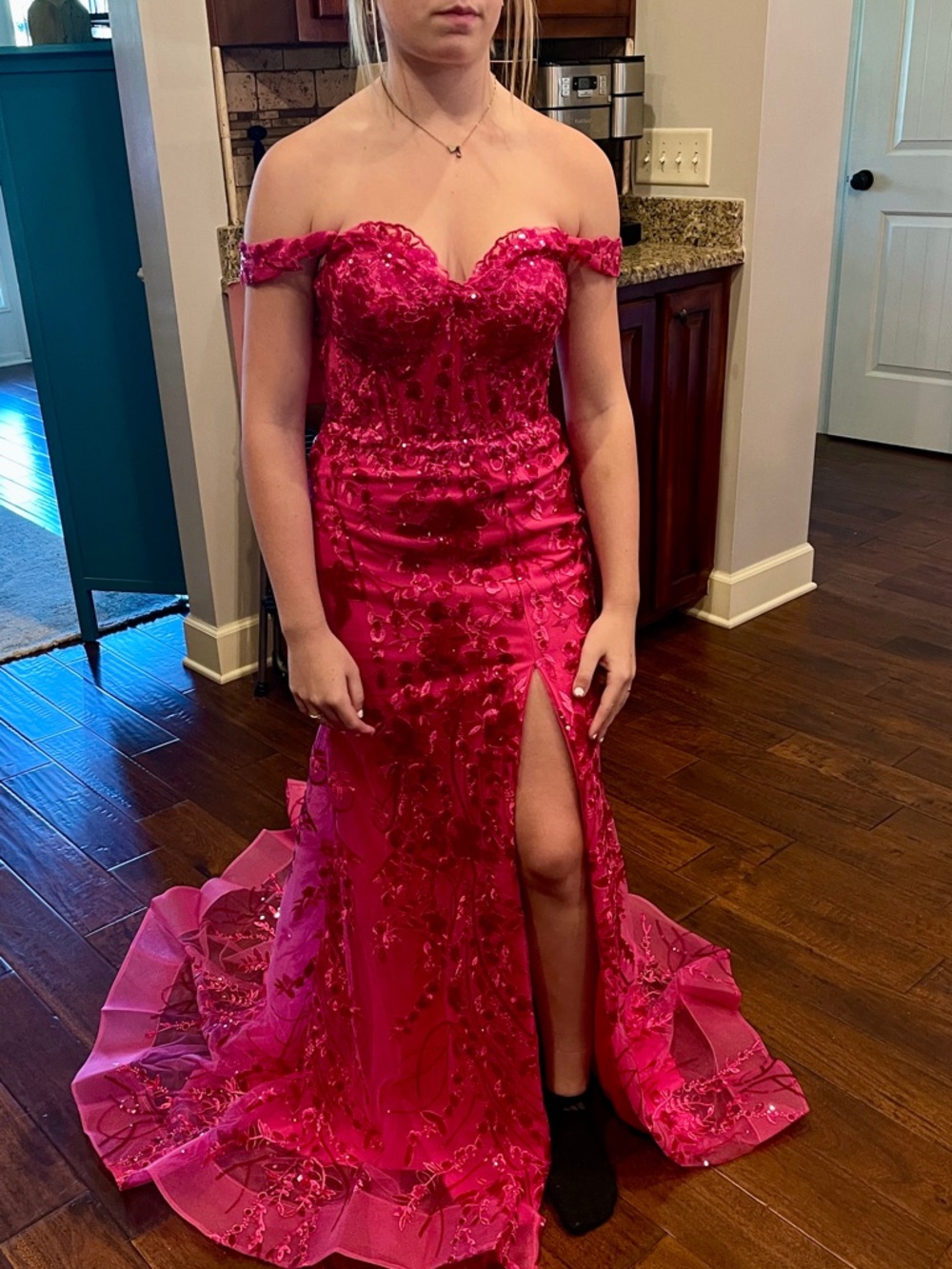 Hot Pink Off-Shoulder Embroidered Prom Gown